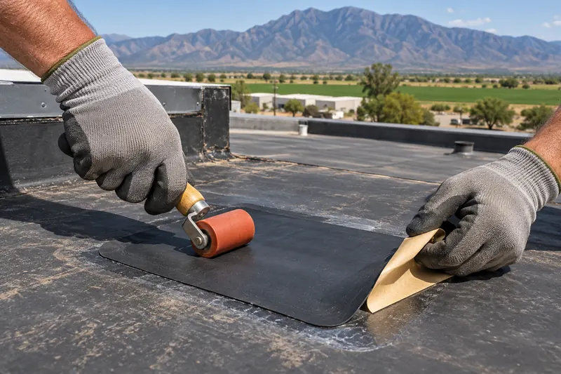 Cover-tape patch being rolled onto aged black EPDM