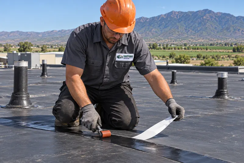 Roofer applying seam tape to a black EPDM roof and pressing it with a hand roller