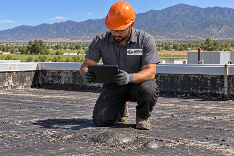 Roofer photographing a blistered area of an older flat roof with a tablet in Safford, AZ