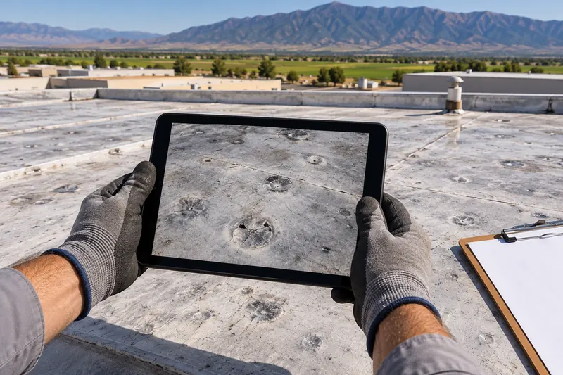 Tablet photographing hail bruises on a roof membrane