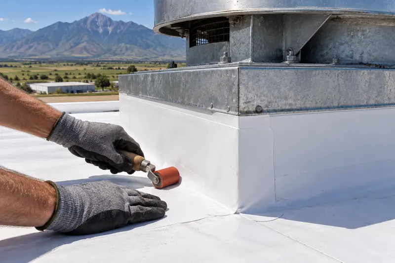 Membrane flashing being pressed around a rooftop curb with a roller