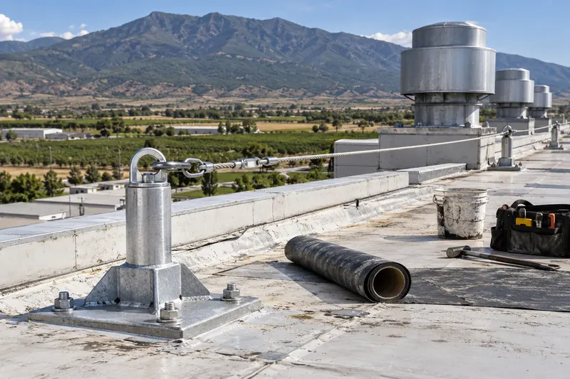 Fall-protection lifeline and roof anchor along the edge of a large industrial roof