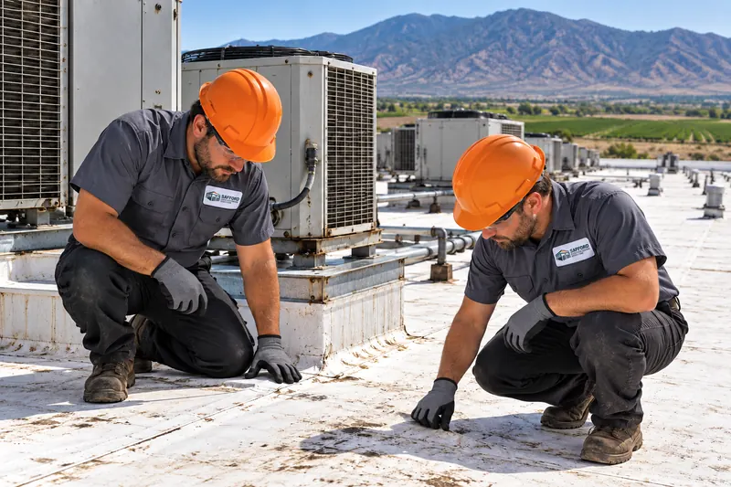 Two roofers checking membrane around rooftop refrigeration units on a long industrial roof