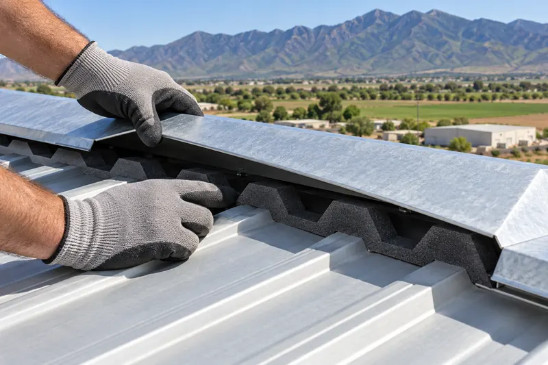 Closure strip being set under a ridge cap on a ribbed metal roof
