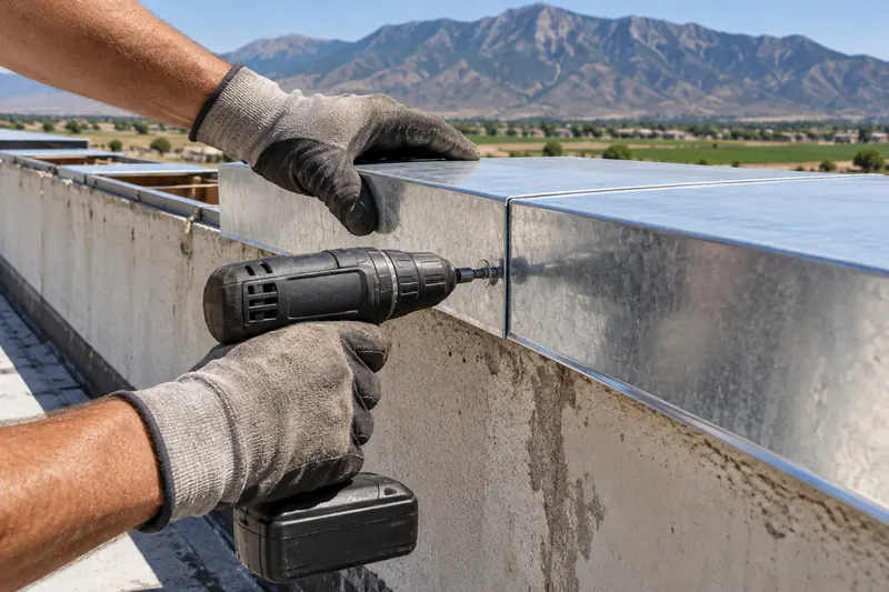 Drill fastening a metal coping cap on a parapet wall