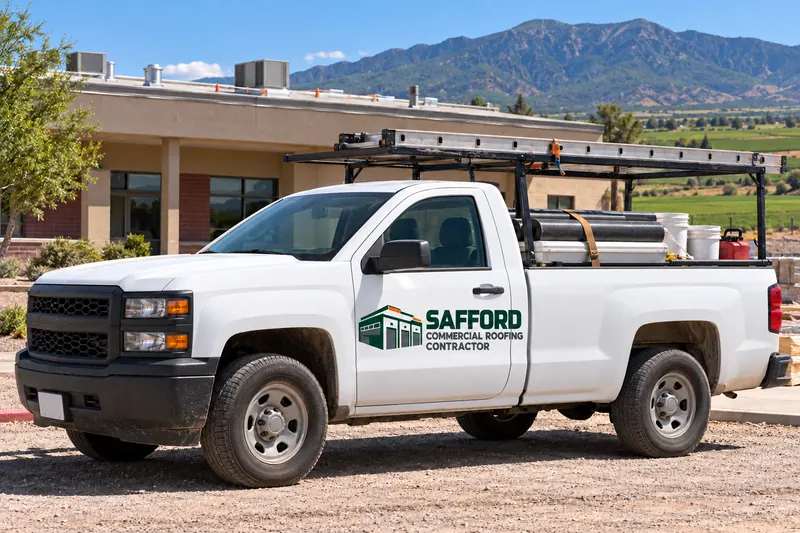 White work pickup with roofing materials parked beside a single-story low-slope building
