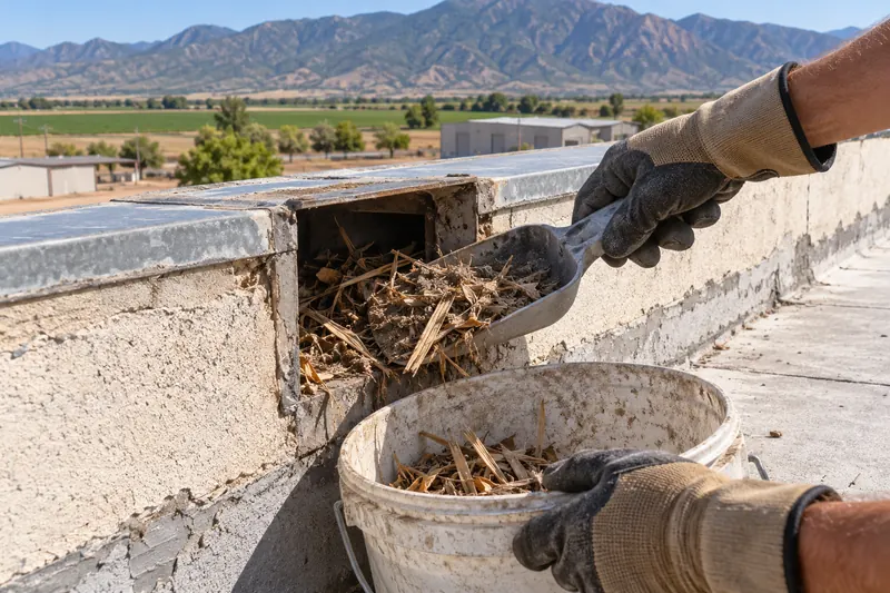 Gloved hands scooping dust and dried crop debris out of an overflow scupper