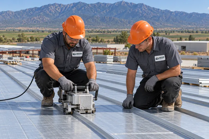 Two roofers closing standing seam metal panels with an electric seamer
