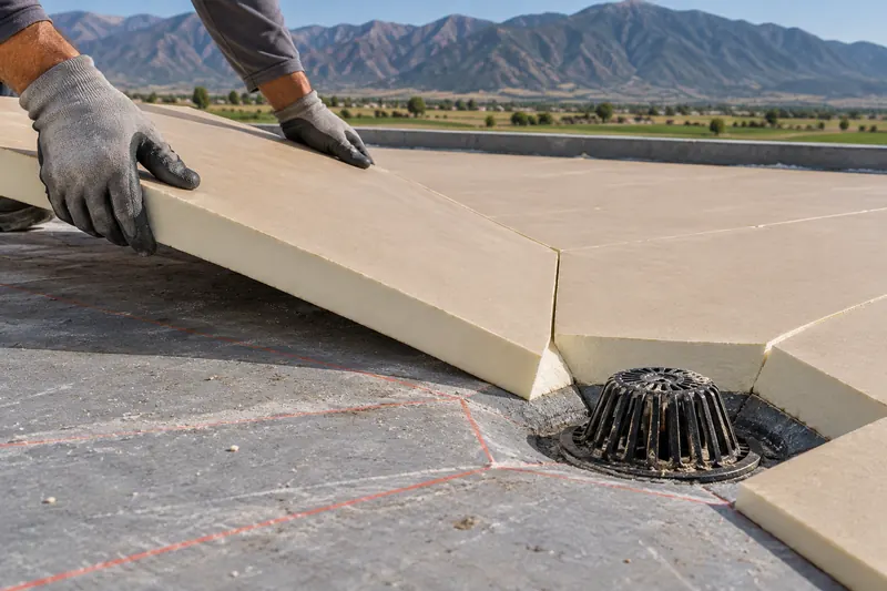 Tapered insulation boards laid toward a roof drain before new TPO goes down
