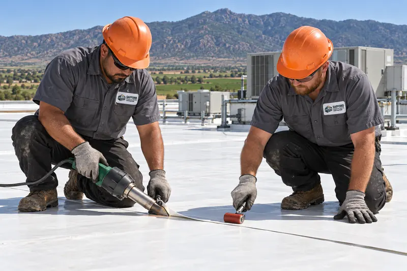 Two roofers heat-welding a white TPO seam on a flat commercial roof in Safford, AZ